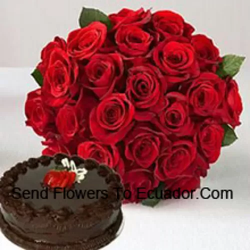 Bunch Of 25 Red Roses With Seasonal Fillers Along With 1 Lb. (1/2 Kg) Chocolate Truffle Cake