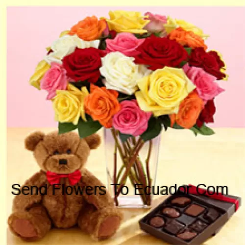 25 Mixed Colored Roses With Some Ferns In A Glass Vase, A Cute 12 Inches Tall Brown Teddy Bear And An Imported Box Of Chocolates