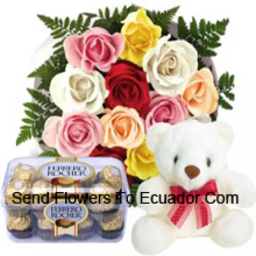 Bunch Of 11 Red Roses With Seasonal Fillers, A Cute 12 Inches Tall White Teddy Bear And A Box Of 16 Pcs Ferrero Rochers