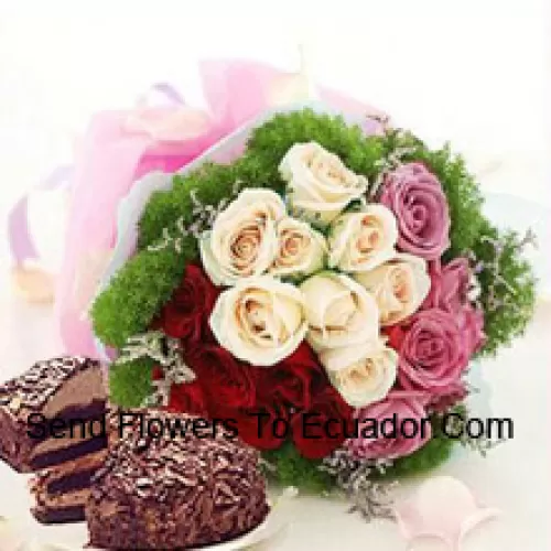 Bunch Of 9 Pink, 8 White And 8 Red Roses With Seasonal Fillers Accompanied With A 1 Lb. (1/2 Kg) Black Forest Cake
