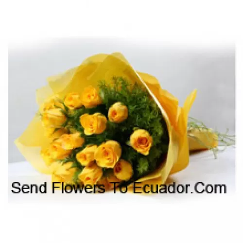 Bouquet de 19 roses jaunes avec des garnitures saisonnières