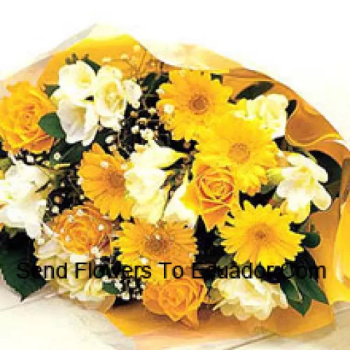 Bouquet de 7 marguerites jaunes avec 7 roses jaunes