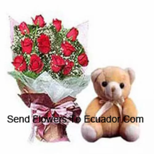 Bunch Of 11 Red Roses With Fillers And A Small Cute Teddy Bear