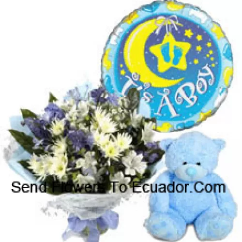 Bouquet de fleurs assorties, un ours en peluche mignon et un ballon pour bébé garçon