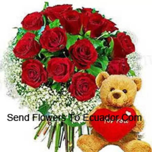 Bunch Of 11 Red Roses With Seasonal Fillers And A Cute Brown 8 Inches Teddy Bear