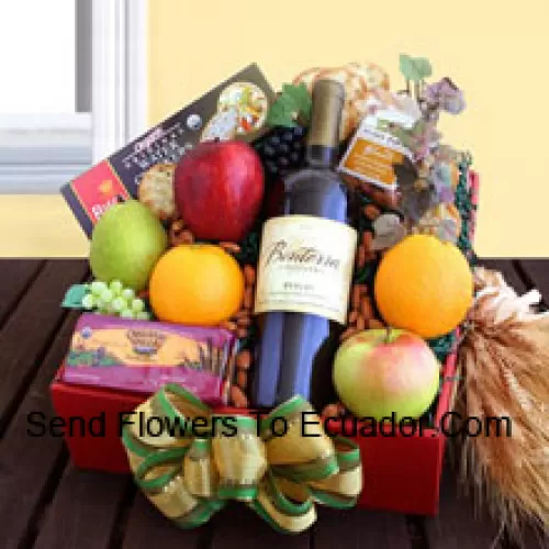 This Gift Basket includes A fine bottle of wholesome California organic Cabernet, Organic cheese and crackers, Fresh organic fruit And Organic California almonds. (Contents of basket including wine may vary by season and delivery location. In case of unavailability of a certain product we will substitute the same with a product of equal or higher value)
