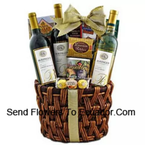 This Gift Basket includes Beringer California Collection Cabernet Sauvignon Red Wine, Beringer California Collection Merlot Red Wine, Beringer California Collection Pinot Grigio White Wine, Ghirardelli chocolate, Ferrero Rocher fine hazelnut chocolates, Napa Valley honey mustard sourdough nuggets, Cashew Roca buttercrunch toffee with chocolate and cashews, Rademaker raspberry chocolate sticks, JM Morgans licorice petites And Fancy mixed nuts in a gift tin. (Contents of basket including wine may vary by season and delivery location. In case of unavailability of a certain product we will substitute the same with a product of equal or higher value)