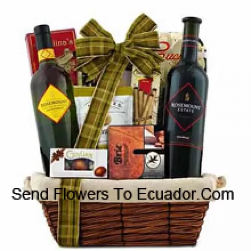 This Gift Basket includes Rosemount Estate Black Diamond Label Shiraz Red Wine, Rosemount Estate Chardonnay White Wine, Brie cheese spread, Three pepper blend crackers, Olive oil cucina chips, Guylian Belgian chocolate shells, Angelina?s sweet butter cookies, Dolcetto filled wafer roll And Feridies extra-large gourmet Virginia peanuts. (Contents of basket including wine may vary by season and delivery location. In case of unavailability of a certain product we will substitute the same with a product of equal or higher value)