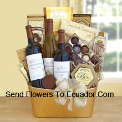 This Gift Basket Includes three bottles of delectable wine ? a Cabernet Sauvignon, a Chardonnay and a rich Merlot. The feast continues with smoked salmon, Primo Dolce truffle cookies, Ghirardelli Masterpiece chocolates, brie cheese, flatbread crisps, Dolcetto cookies and Almond Roca. (Contents of basket including wine may vary by season and delivery location. In case of unavailability of a certain product we will substitute the same with a product of equal or higher value)