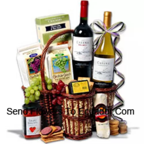 This Christmas Gift Basket Includes Catena Malbec Mendoza?- 750 ml, Catena Chardonnay Mendoza?- 750 ml, Hors Doeuvre Deli Style Crackers by Partners, Hickory & Maple Smoked Cheese by Sugarbush Farm, Butcher Wrapped Summer Sausage by Sparrer Sausage Co, ?Tomato Bruschetta by Elki, White Wine Biscuit by American Vintage and Red Wine Biscuit by American Vintage. (Contents of basket including wine may vary by season and delivery location. In case of unavailability of a certain product we will substitute the same with a product of equal or higher value)