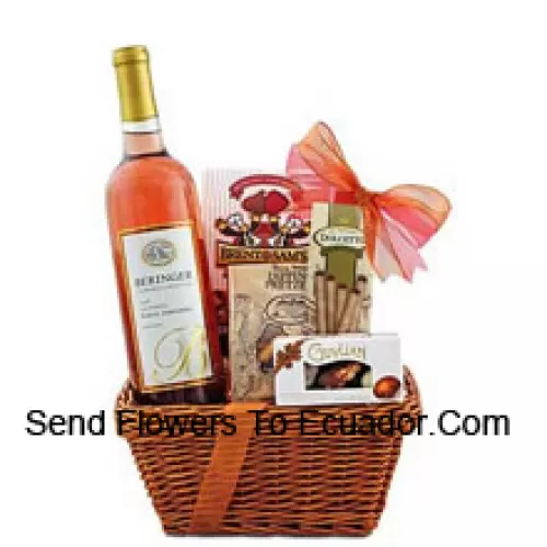 This Gift Basket includes Beringer White Zinfandel Blush Wine, Guylian Belgian chocolate shells, Dolcetto filled wafer rolls, Brent & Sam?s raspberry chocolate chip cookies and East Shore Specialty honey wheat pretzels. (Contents of basket including wine may vary by season and delivery location. In case of unavailability of a certain product we will substitute the same with a product of equal or higher value)