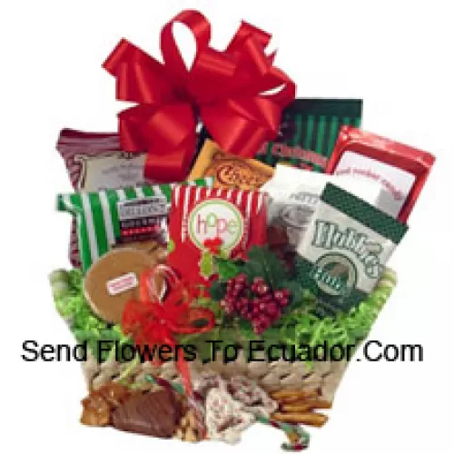 Celebrate holiday traditions with a gift that boasts good taste! The festive natural basket is packed full of delicious time-honored treats. We've included peanuts, fudge, pretzels, cheddar biscuits, cookies, snack mix, peanut brittle, sprinkled pretzels, Christmas popcorn and chocolate filled peppermints. We've also included a keepsake tree ornament to top off this heartfelt holiday gift. (Please Note That We Reserve The Right To Substitute Any Product With A Suitable Product Of Equal Value In Case Of Non-Availability Of A Certain Product)