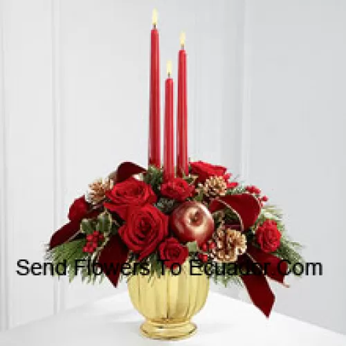 The grandeur and rich beauty of the Christmas season are highlighted with each crimson bloom. Bright red roses and spray roses are arranged in a designer gold container amongst variegated holly and assorted holiday greens. Accented with artificial apples, gold pinecones and gold-edged burgundy ribbon, this gorgeous centerpiece displays three red taper candles to create the perfect atmosphere for their holiday celebration.? (Please Note That We Reserve The Right To Substitute Any Product With A Suitable Product Of Equal Value In Case Of Non-Availability Of A Certain Product)
